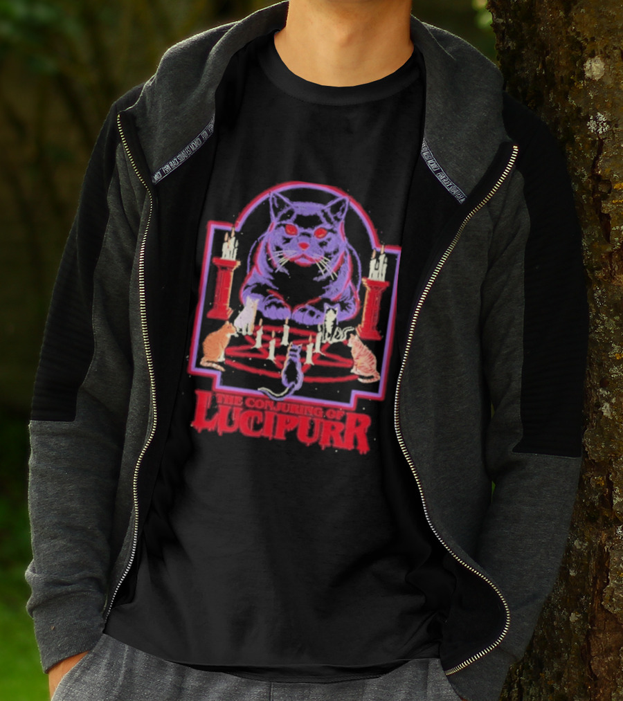 The Conjuring Of Lucipurr Cat Candle Pentagram Ritual T-Shirt