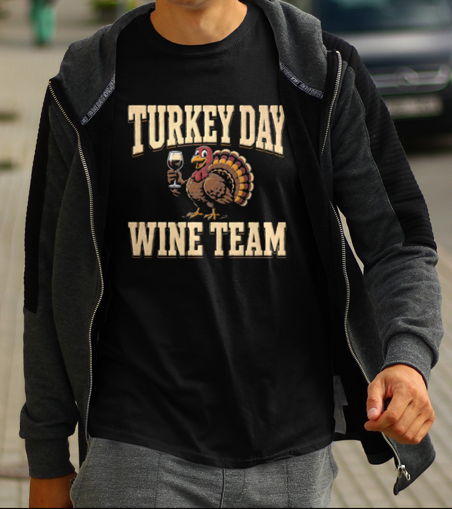 Turkey Day Wine Team Cartoon With Turkey Holding Wine Glass T-Shirt