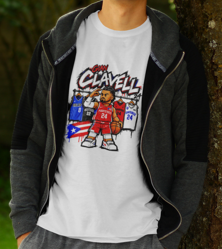 Gian Clavell Puerto Rico Basketball Cartoon With Jersey Collection And Flag T-Shirt
