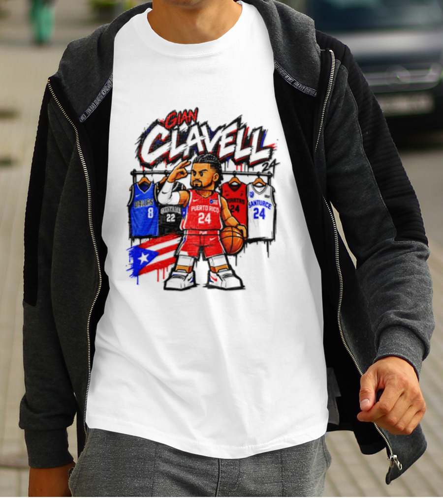 Gian Clavell Puerto Rico Basketball Cartoon With Jersey Collection And Flag T-Shirt