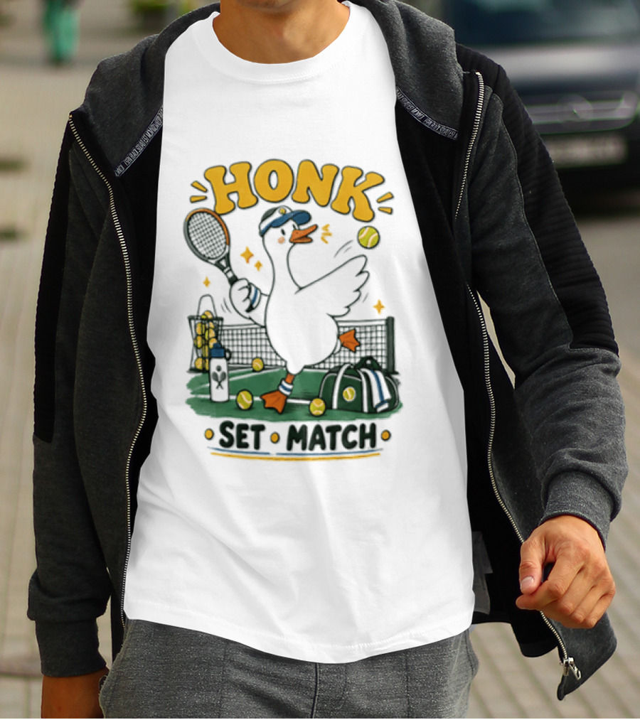Honk Set Match Duck Playing Tennis Cartoon T-Shirt