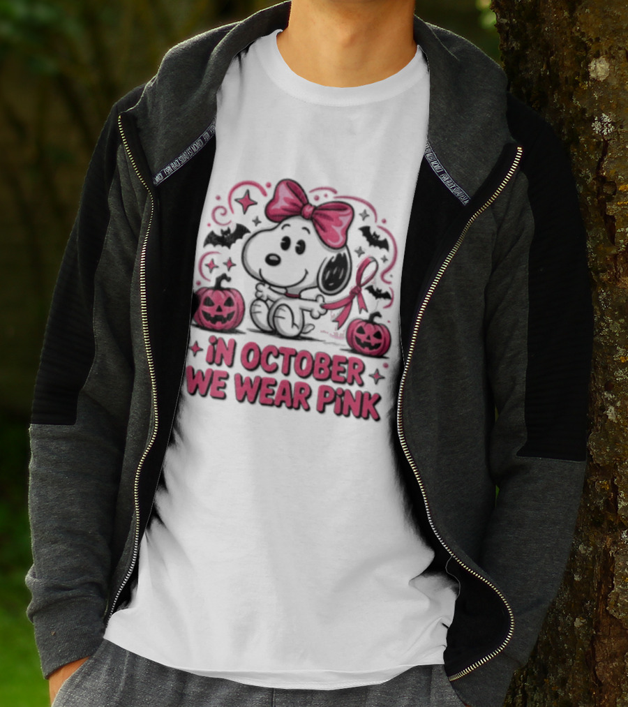 In October We Wear Pink Snoopy Peanuts Halloween Bow Pumpkins Bats T-Shirt