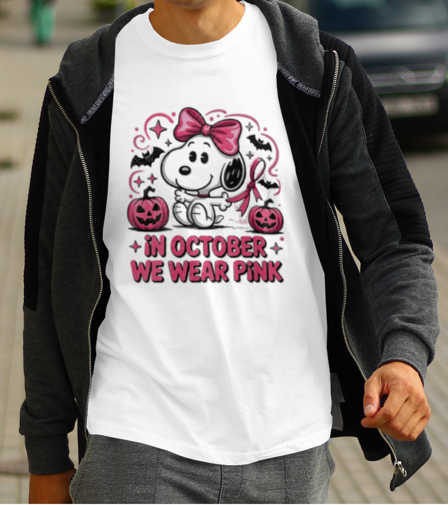 In October We Wear Pink Snoopy Peanuts Halloween Bow Pumpkins Bats T-Shirt