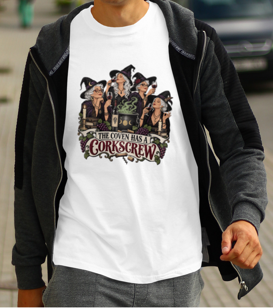 The Coven Has A Corkscrew Four Witches Drinking Wine Cauldron Grapes Candles T-Shirt