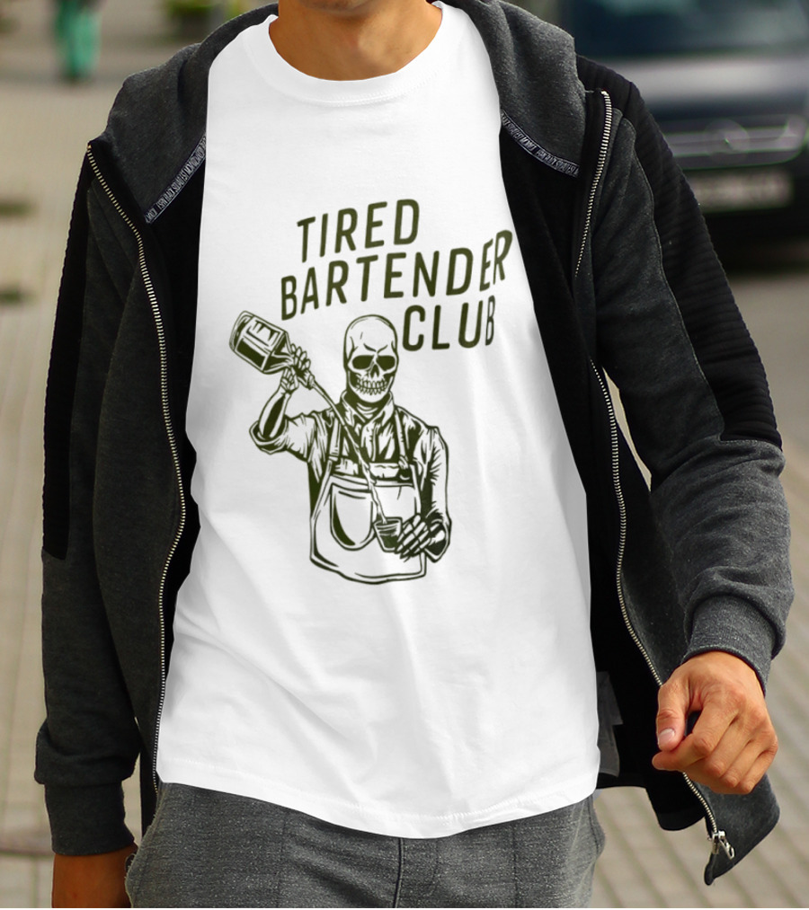 Tired Bartender Club Skull Pouring Mixology Bar Life T-Shirt