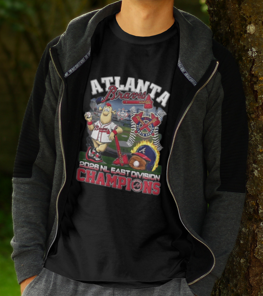 Atlanta Braves 2026 NL East Division Champions Stadium With Mascot And Baseball Bat T-Shirt