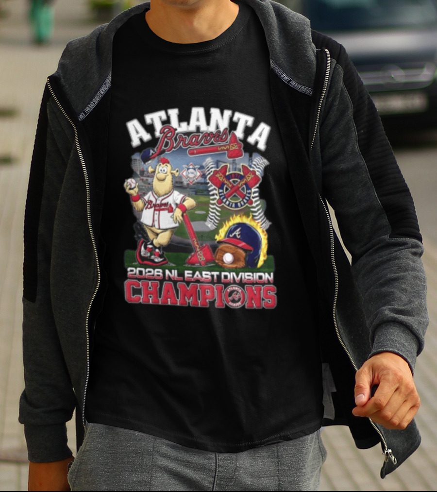 Atlanta Braves 2026 NL East Division Champions Stadium With Mascot And Baseball Bat T-Shirt
