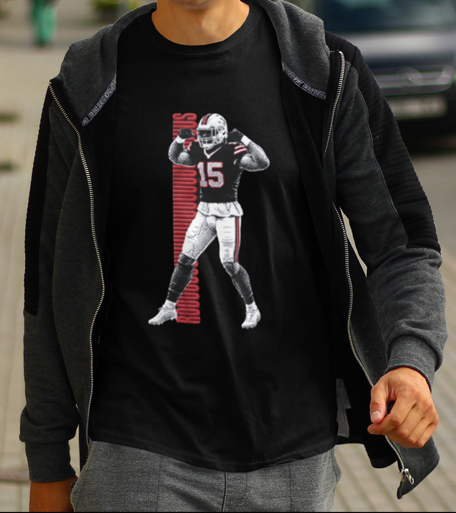 Buffalo Bills Rooouuuuudus 15 Football Player Flexing Arms Halftone NFL Fan T-Shirt