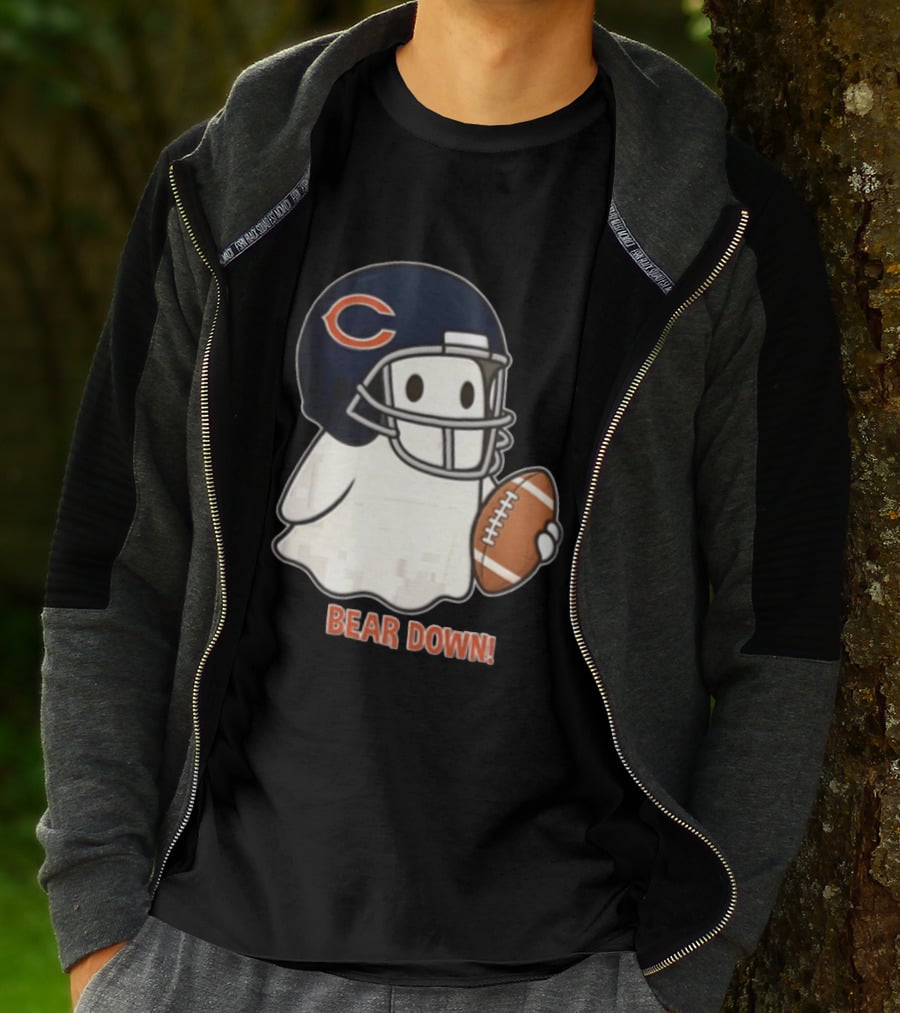 Chicago Bears Bear Down Ghost Football Helmet Holding Ball T-Shirt