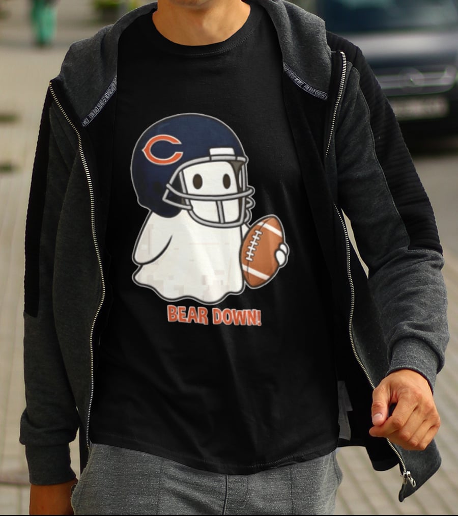 Chicago Bears Bear Down Ghost Football Helmet Holding Ball T-Shirt