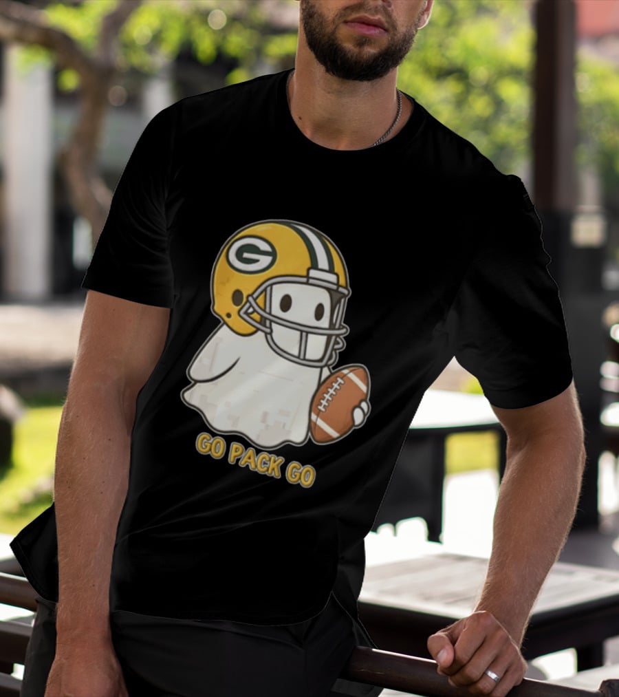 Go Pack Go Ghost With Green Bay Packers Football Helmet And Ball T-Shirt