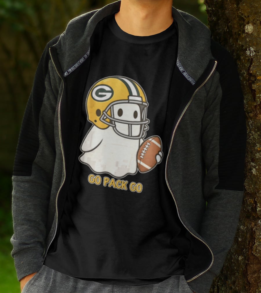 Go Pack Go Ghost With Green Bay Packers Football Helmet And Ball T-Shirt