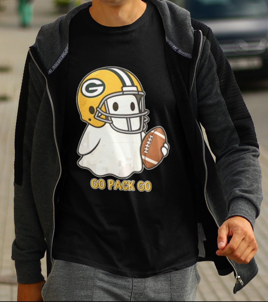 Go Pack Go Ghost With Green Bay Packers Football Helmet And Ball T-Shirt
