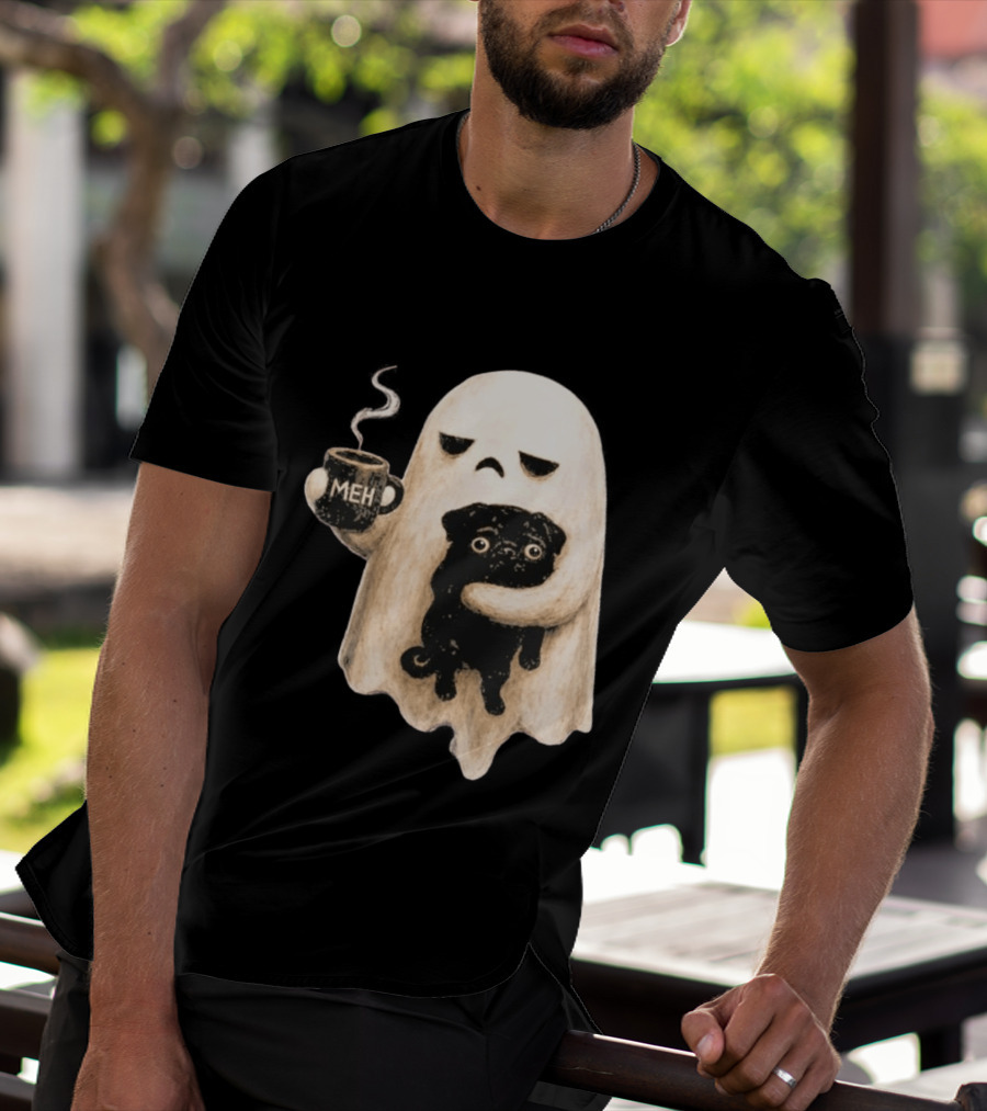 Halloween Meh Ghost Holding Black Pug Dog Lover T-Shirt