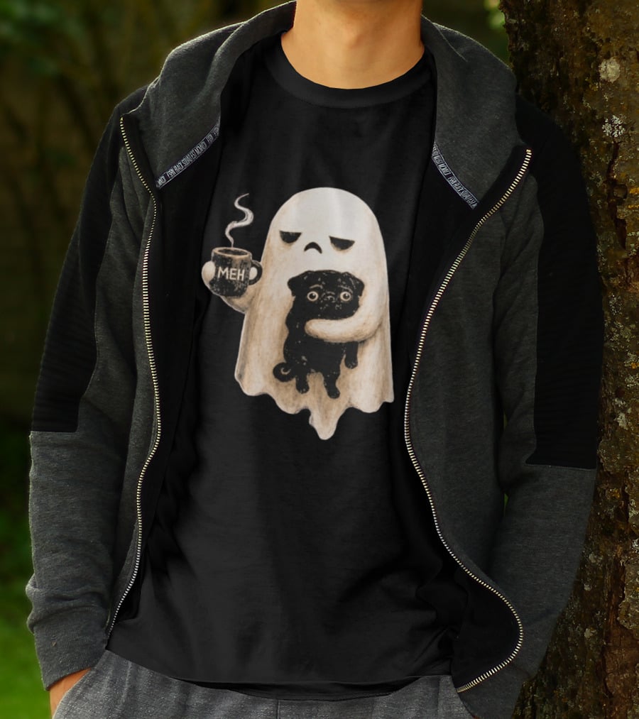 Halloween Meh Ghost Holding Black Pug Dog Lover T-Shirt