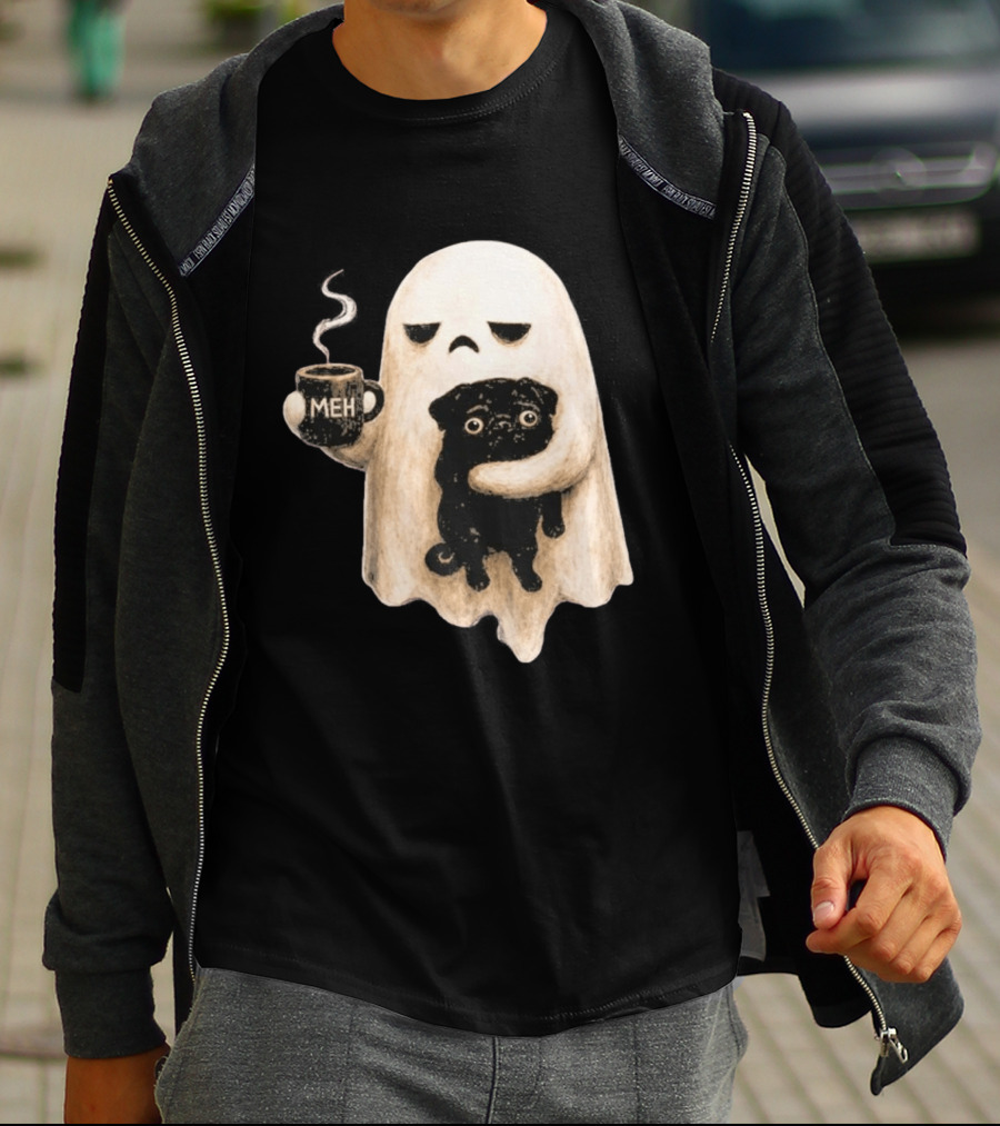 Halloween Meh Ghost Holding Black Pug Dog Lover T-Shirt