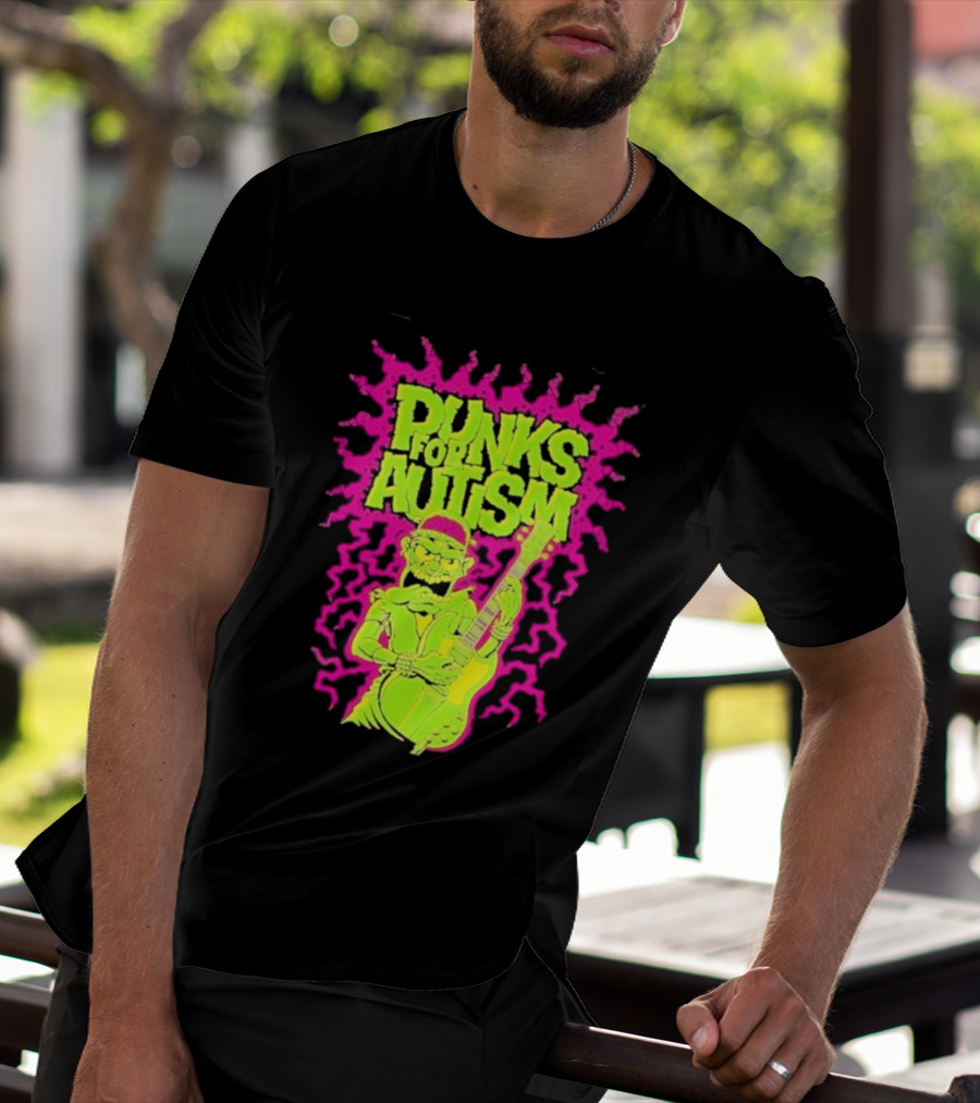 Punks For Autism Frankenstein Guitar Player Neon Rock T-Shirt