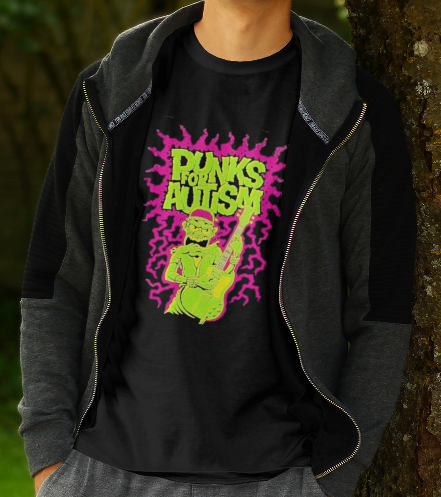 Punks For Autism Frankenstein Guitar Player Neon Rock T-Shirt