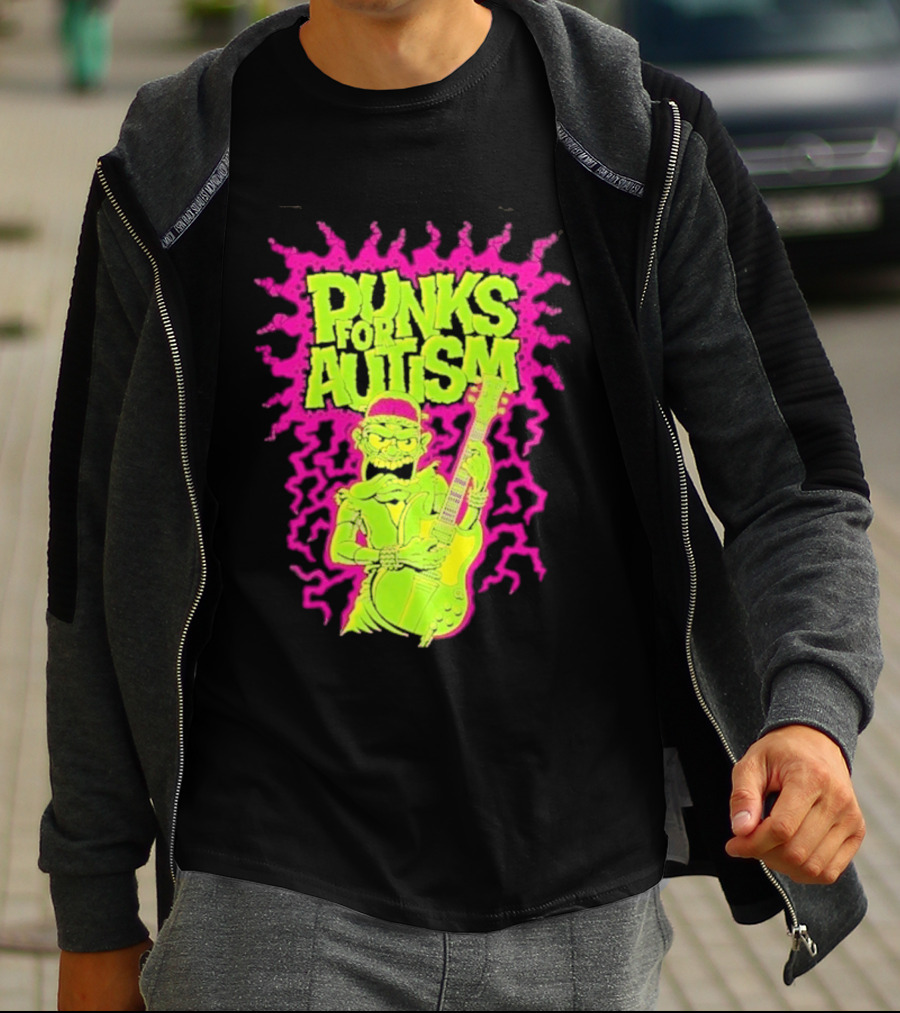 Punks For Autism Frankenstein Guitar Player Neon Rock T-Shirt