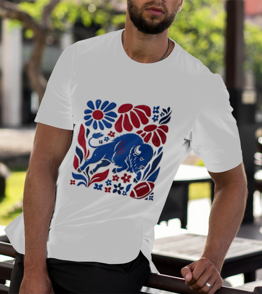 Buffalo Bills Charging Buffalo Red Blue Flowers Football T-Shirt