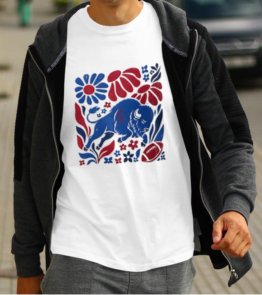 Buffalo Bills Charging Buffalo Red Blue Flowers Football T-Shirt