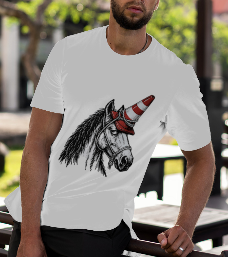 Horse Wearing Red Traffic Cone Hat Rope Accessory T-Shirt