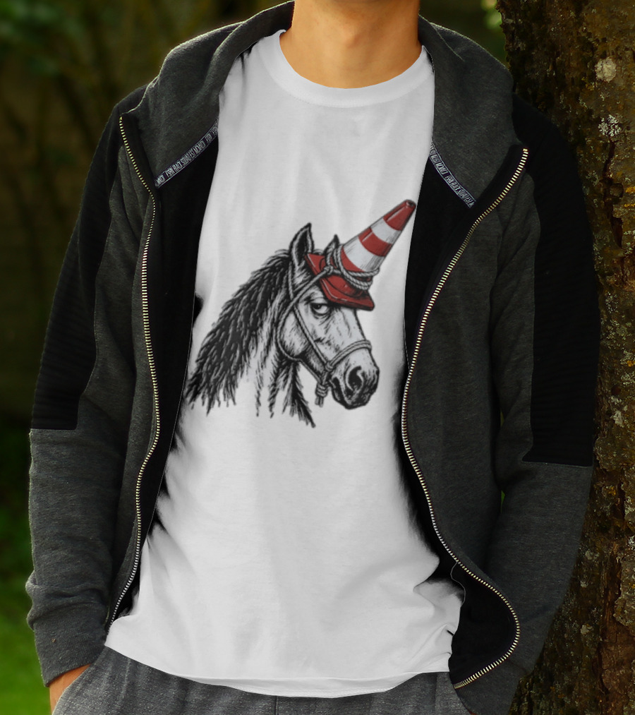 Horse Wearing Red Traffic Cone Hat Rope Accessory T-Shirt