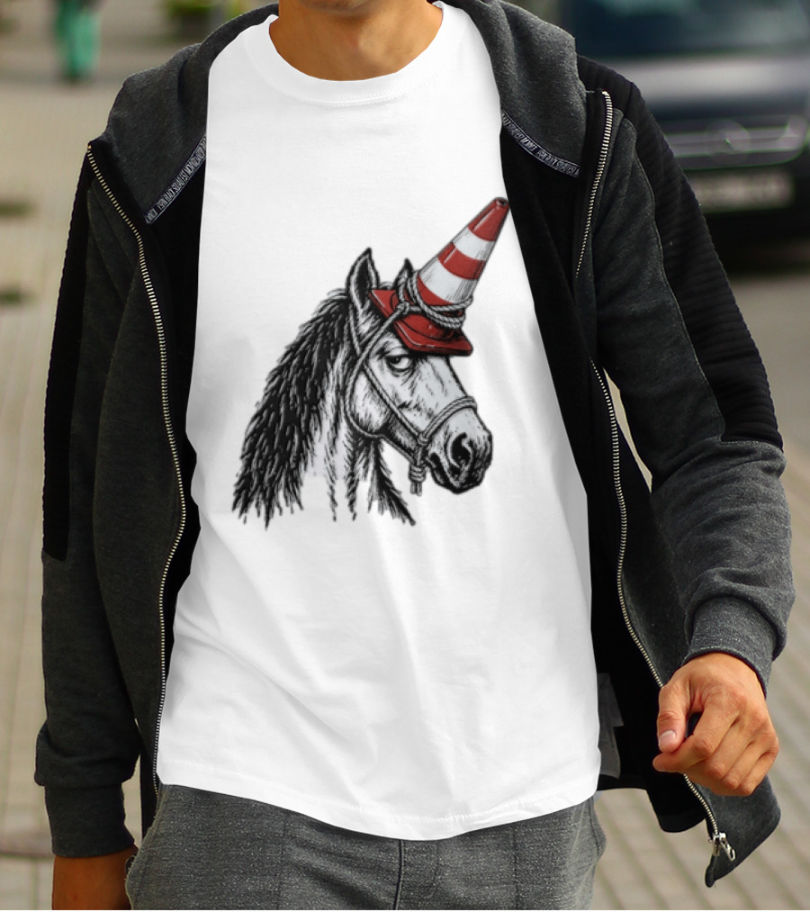 Horse Wearing Red Traffic Cone Hat Rope Accessory T-Shirt