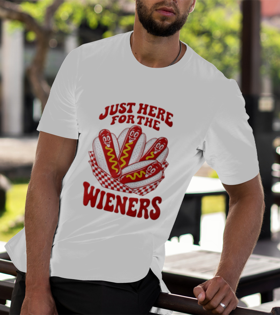 Just Here For The Wieners Four Cartoon Hot Dogs Mustard T-Shirt