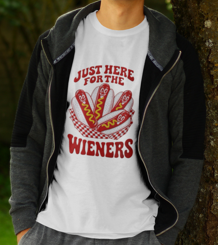 Just Here For The Wieners Four Cartoon Hot Dogs Mustard T-Shirt