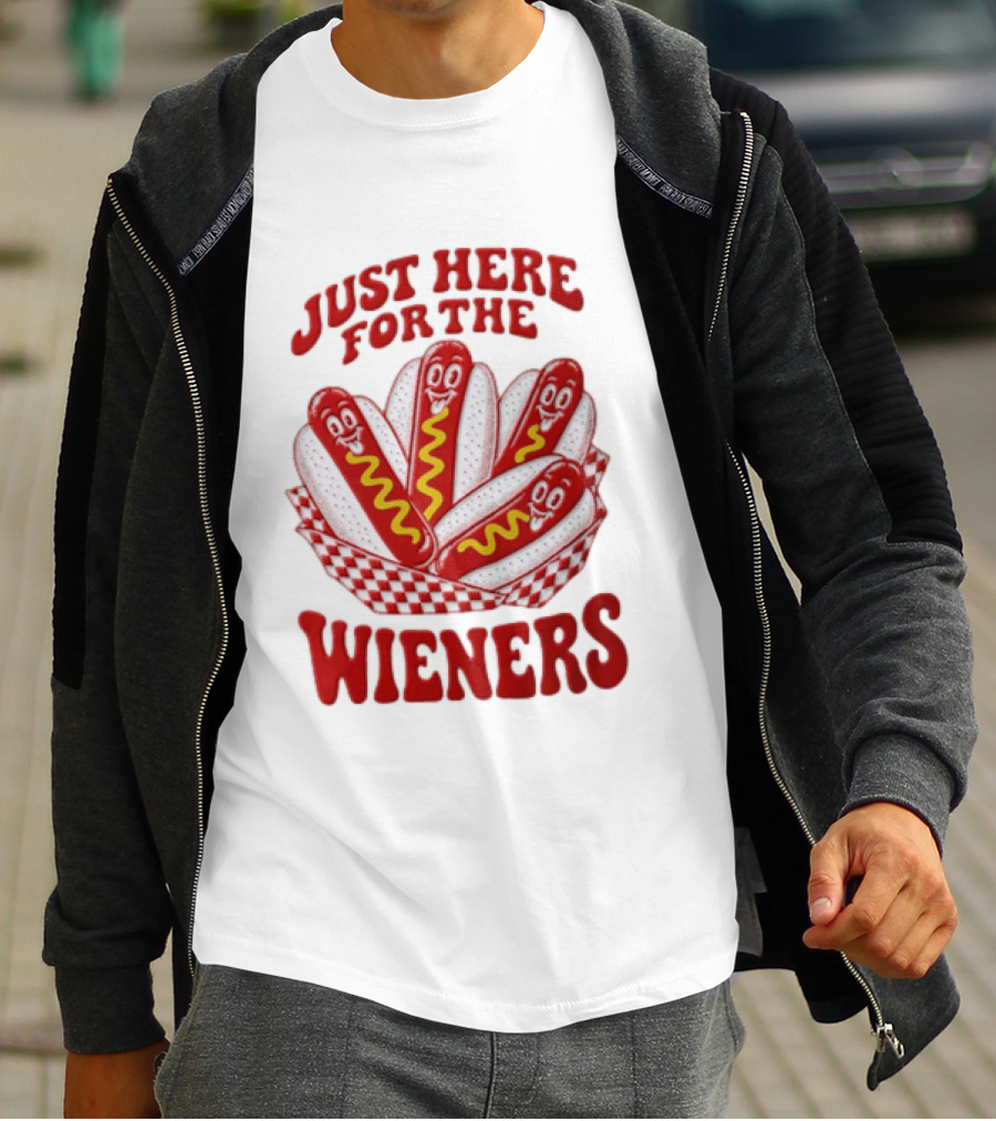 Just Here For The Wieners Four Cartoon Hot Dogs Mustard T-Shirt