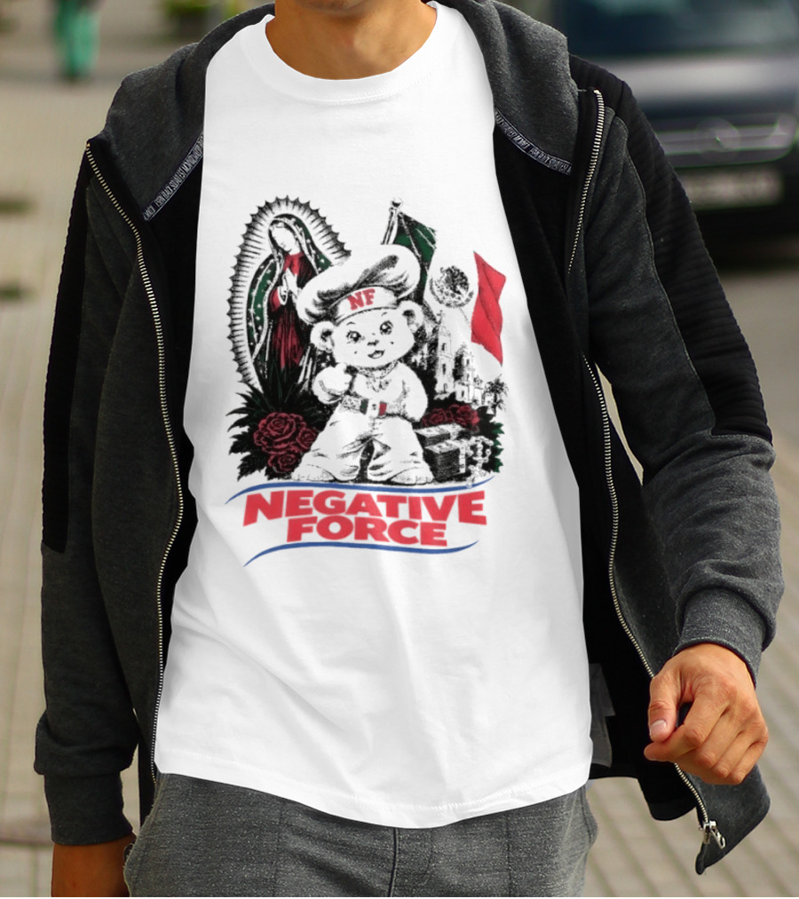 Negative Force Bear With Mexican Flag Virgin Mary Roses T-Shirt
