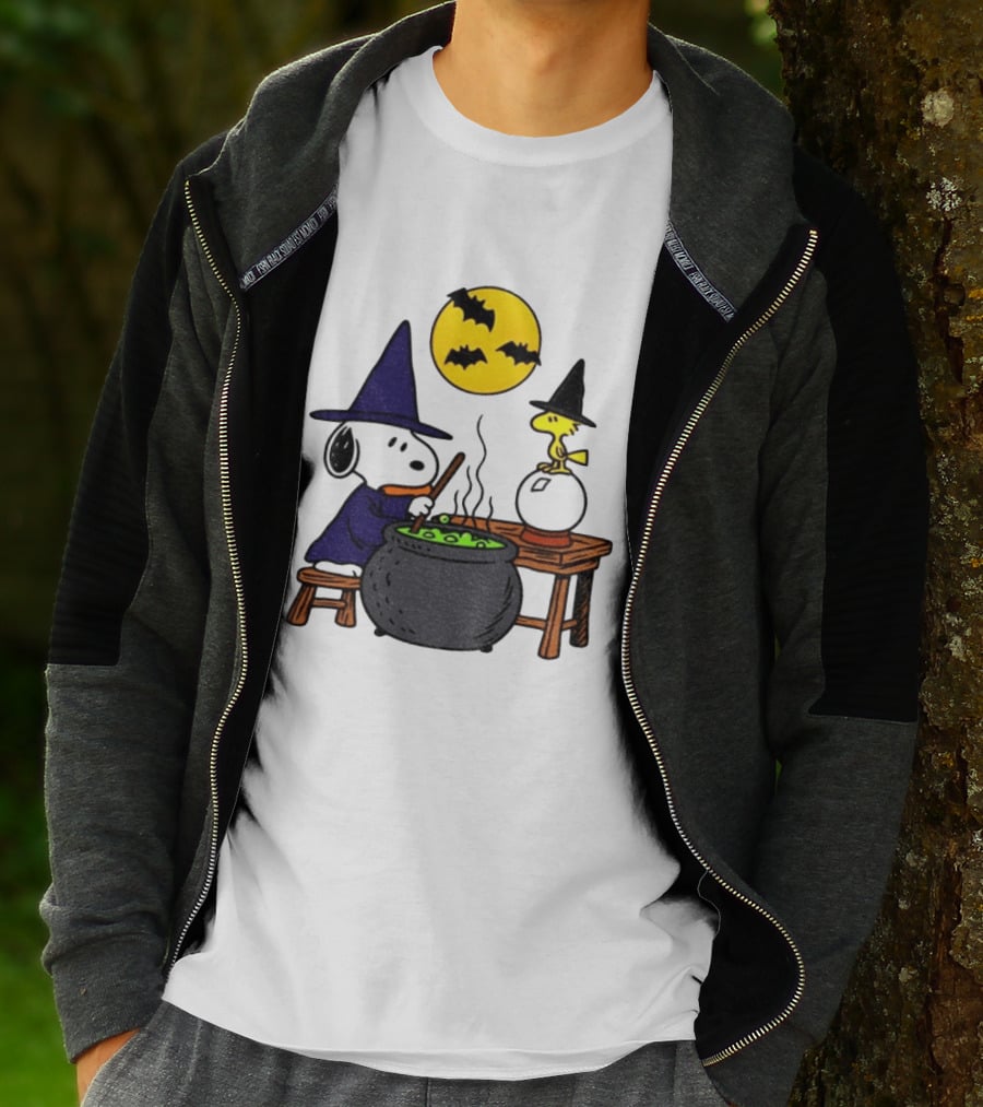 Snoopy Witch Cauldron Woodstock Crystal Ball Halloween Moon Bats T-Shirt