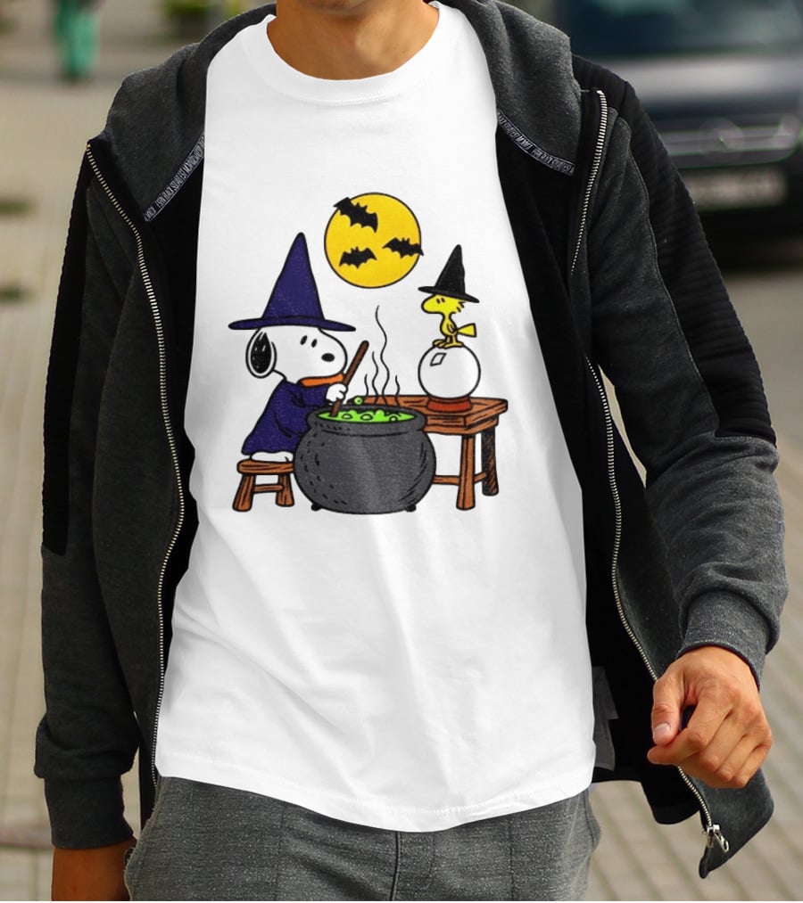 Snoopy Witch Cauldron Woodstock Crystal Ball Halloween Moon Bats T-Shirt