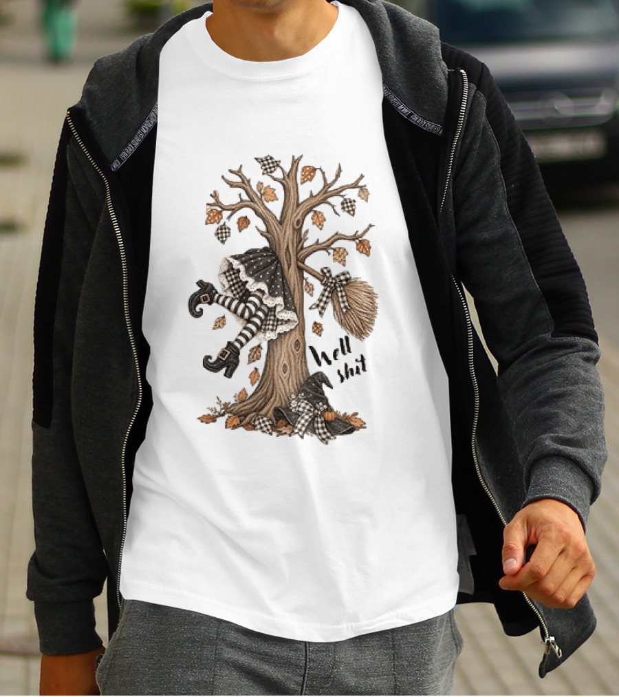 Well Shit Witch Halloween Tree Broom Black White Stripes Autumn Leaves T-Shirt