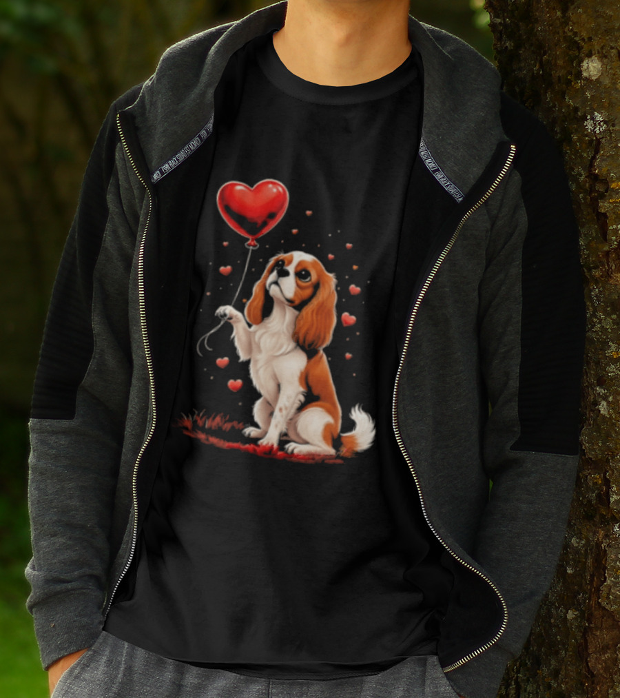 Cavalier King Charles Spaniel With Heart Balloon Surrounded By Floating Hearts T-Shirt