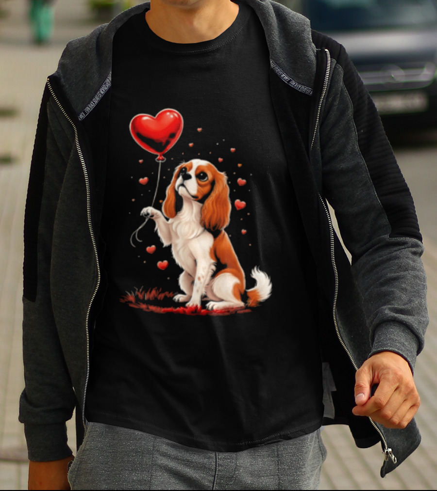Cavalier King Charles Spaniel With Heart Balloon Surrounded By Floating Hearts T-Shirt