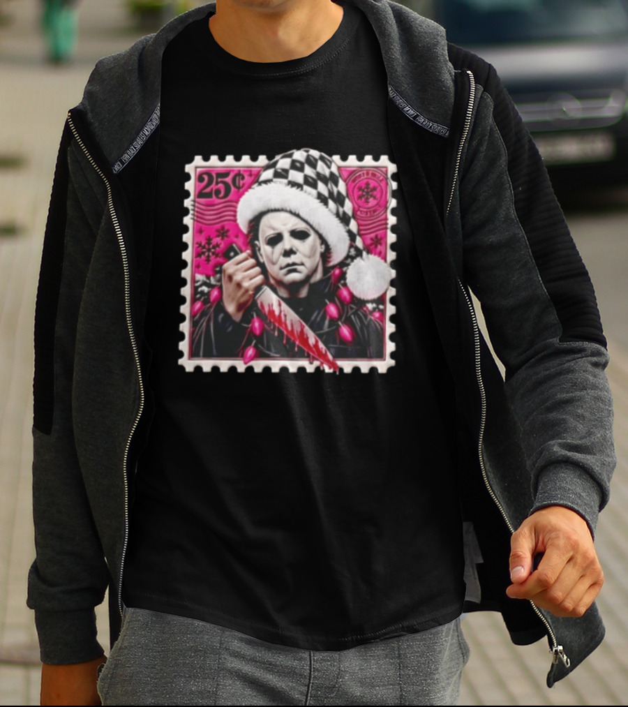 Cincinnati Bengals Michael Myers 25 Cent Checkerboard Santa Hat Holding Knife Pink T-Shirt