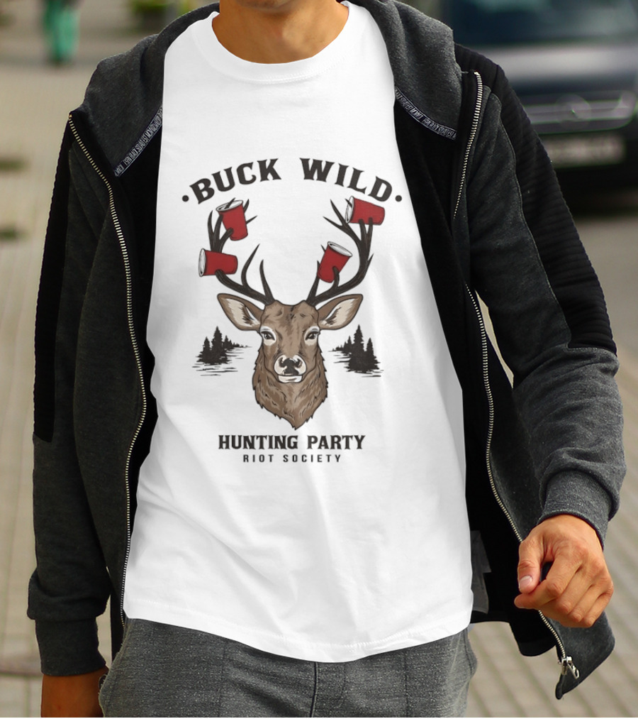 Buck Wild Hunting Party Riot Society Deer Antler Cups T-Shirt