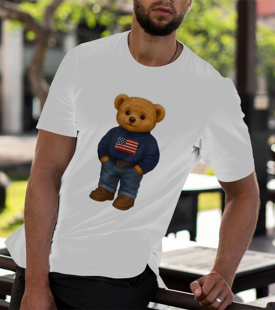Polo Bear Sweater With American Flag Knit Fashion T-Shirt