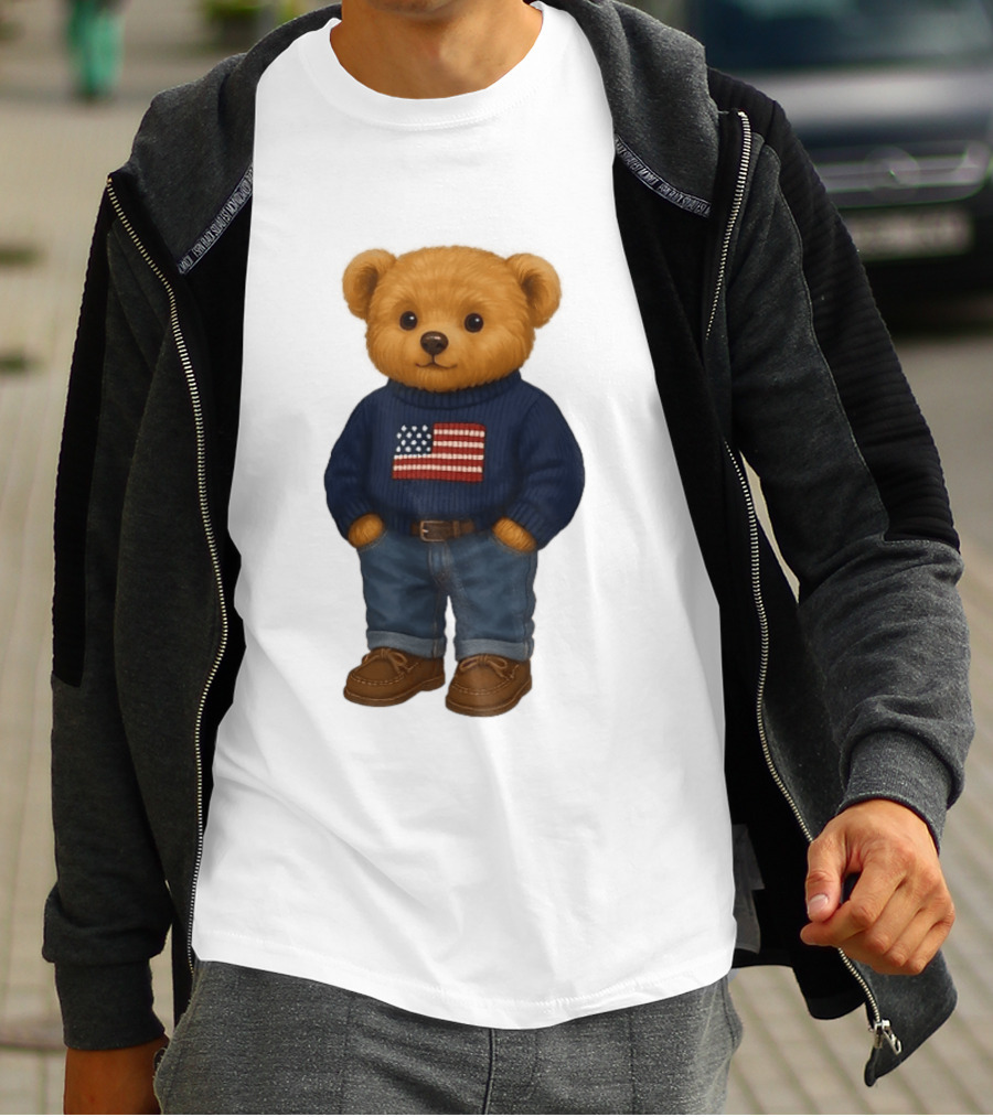 Polo Bear Sweater With American Flag Knit Fashion T-Shirt