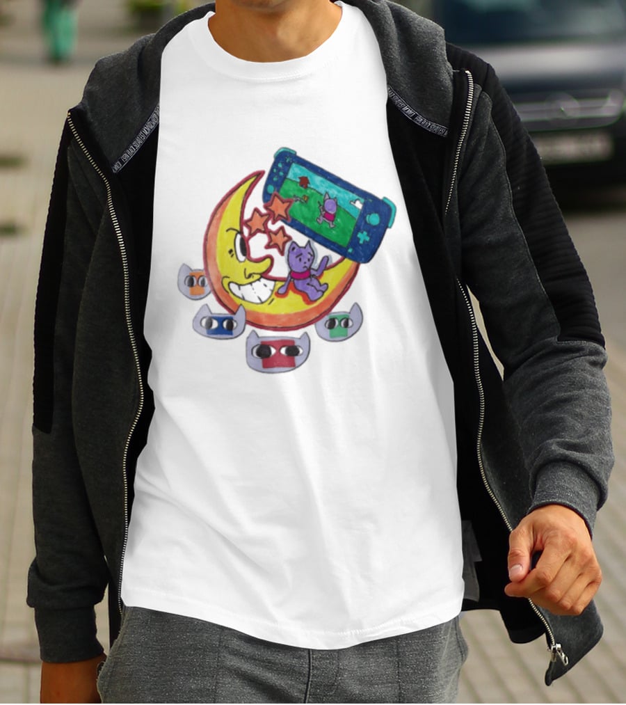 Purple Bear Gaming On Moon With Sunflowers And Dogs Whimsical Two Sided T-Shirt