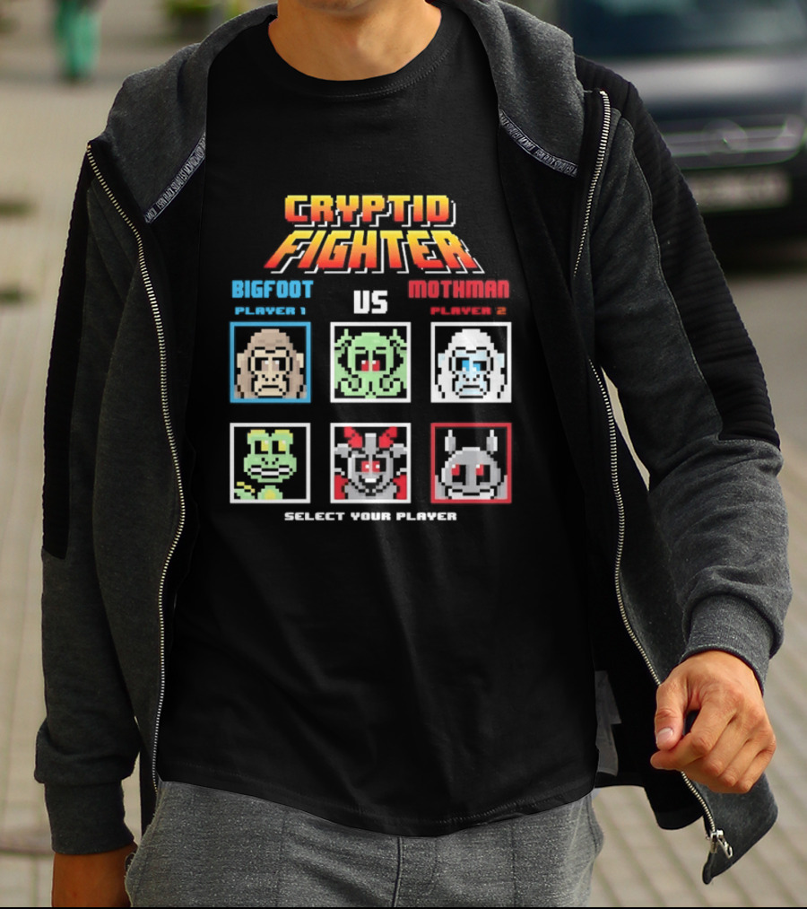 Cryptid Fighter Bigfoot Player 1 Vs Mothman Player 2 Select Your Player T-Shirt