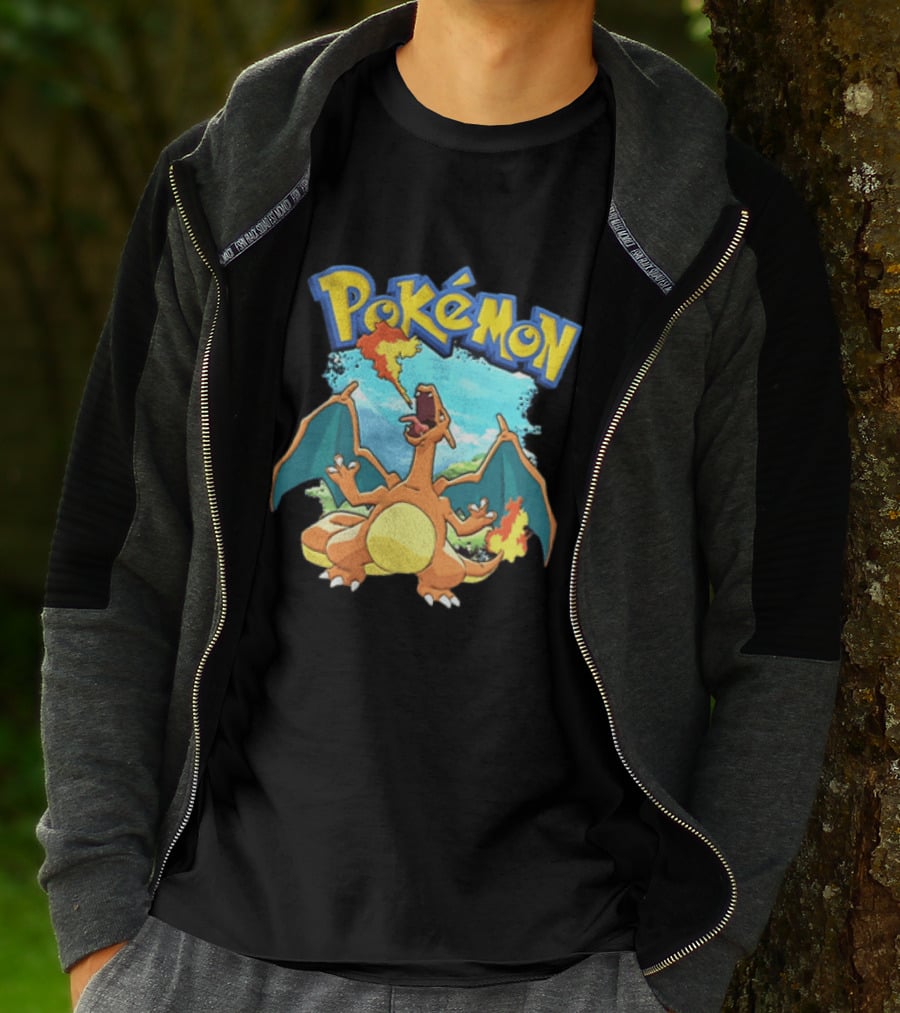 Pokemon Charizard Breathing Fire In Green Landscape T-Shirt