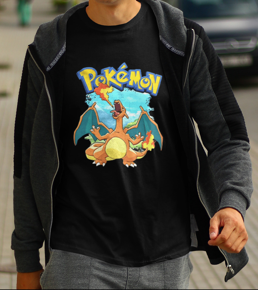 Pokemon Charizard Breathing Fire In Green Landscape T-Shirt