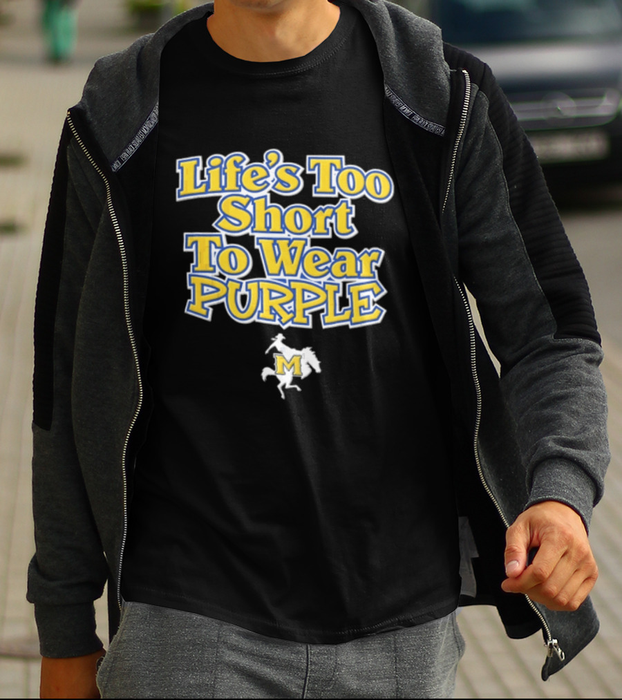 Life's Too Short To Wear Purple Yellow Blue Text With Cowboy Riding Bucking Horse T-Shirt