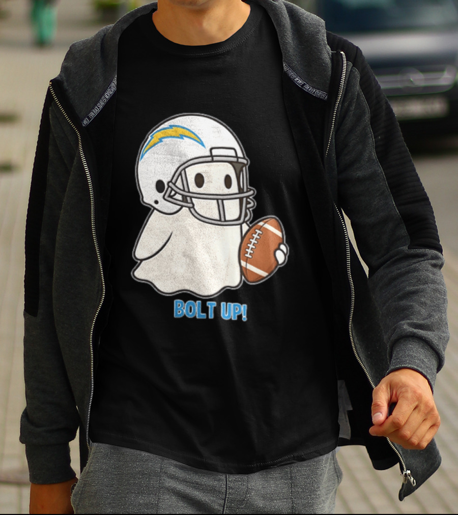 Los Angeles Chargers Bolt Up Ghost Football Helmet Holding Ball T-Shirt