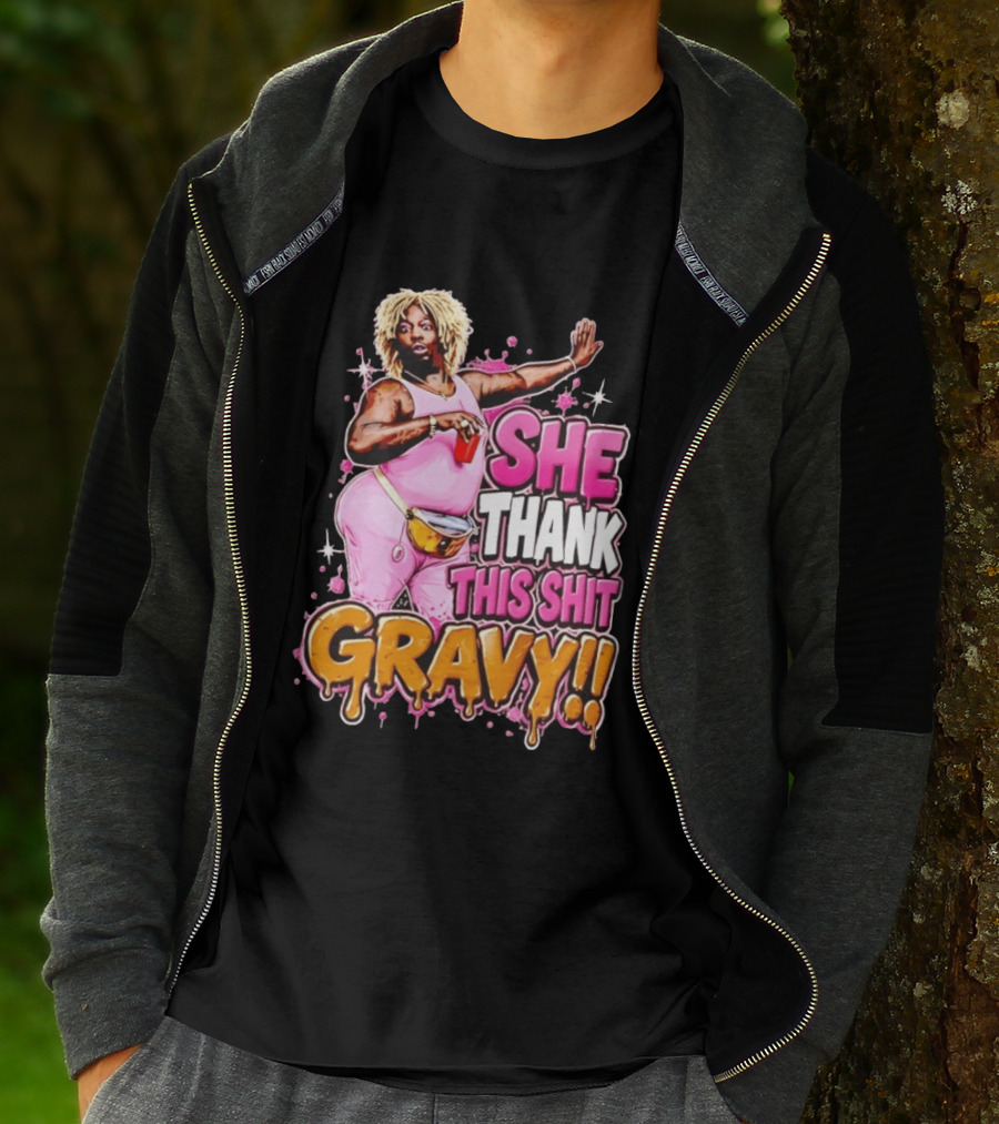 Yung Gravy She Thank This Shit Gravy Rapper Pink Outfit Drink Pose T-Shirt