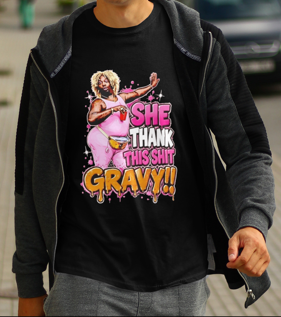 Yung Gravy She Thank This Shit Gravy Rapper Pink Outfit Drink Pose T-Shirt