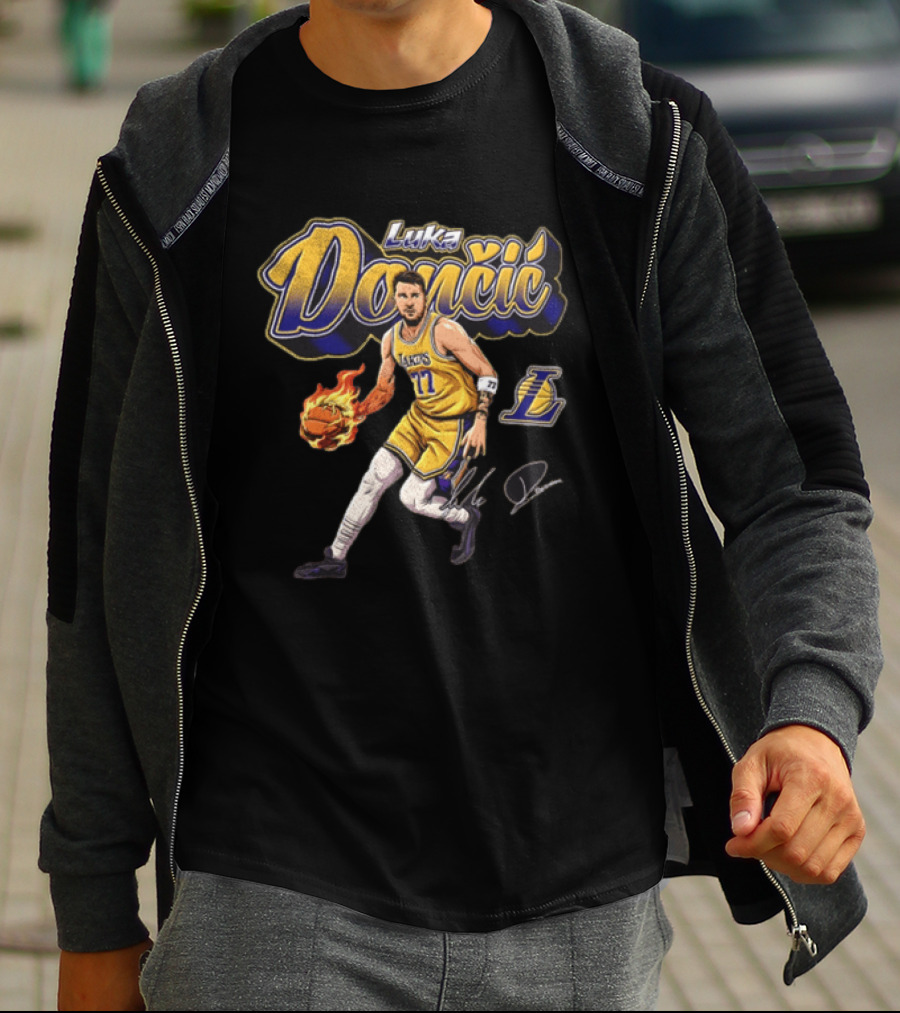 Luka Dončić Los Angeles Lakers Flaming Basketball Dribble NBA Player T-Shirt